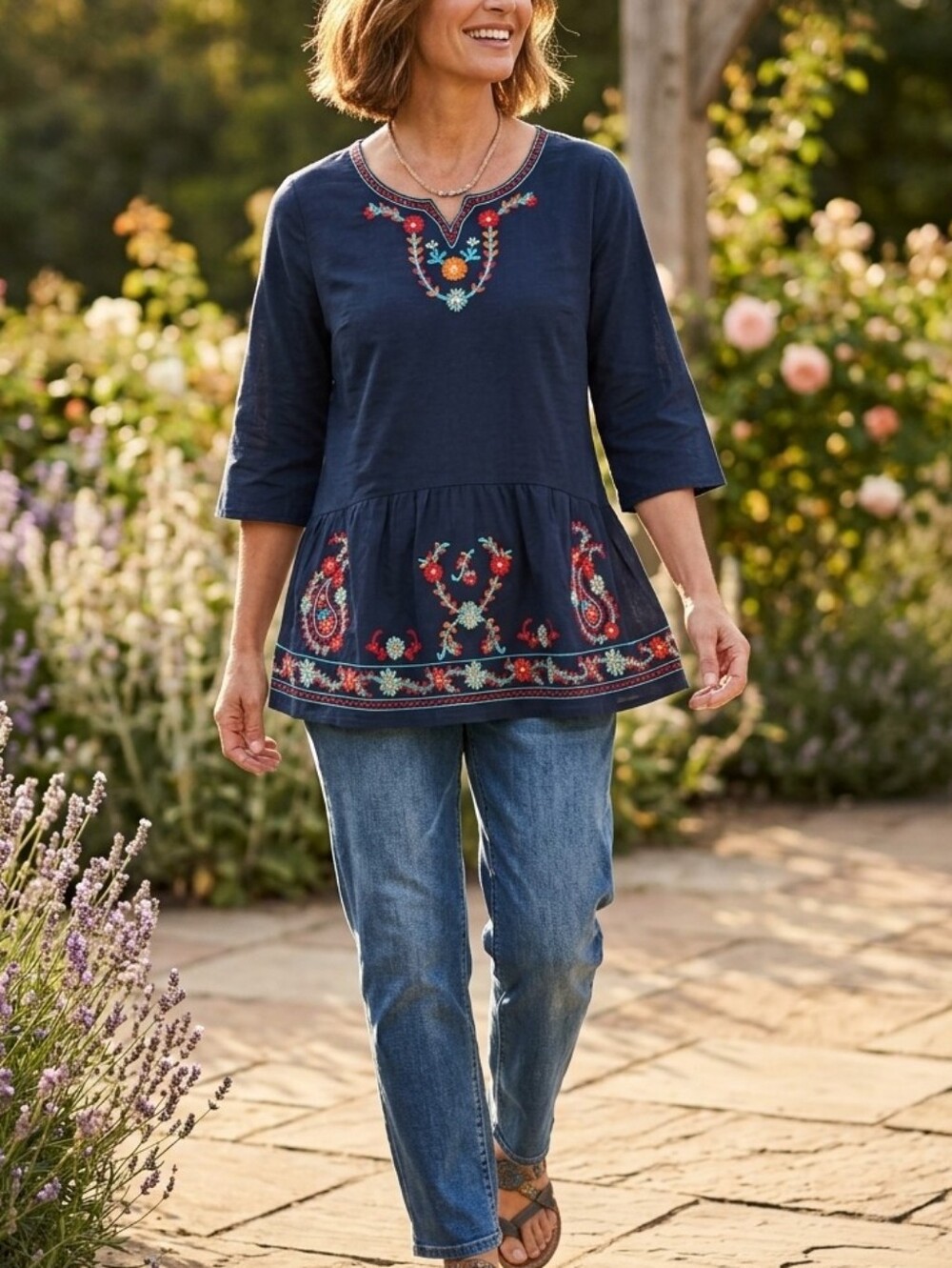 Navy Embroidered Floral Tiered Tunic Top 3/4 Flare Sleeve Boho Festival Cotton